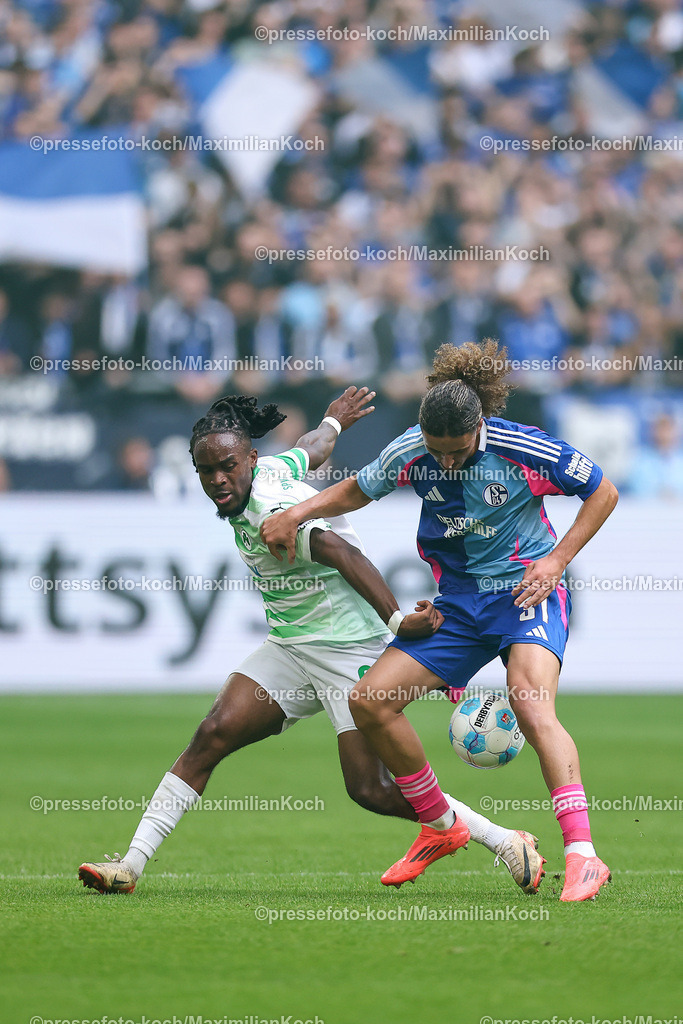 Schalke26102401014 | 26.10.2024, Fußball, FC Schalke 04 - SpVgg Greuther Fürth, 2. Fußball Bundesliga, Veltins-Arena Gelsenkirchen, Saison 2024 2025: Noel Futkeu (Greuther Fürth #9) im Zweikampf gegen Taylan Bulut (Schalke04 #31)DFB regulations prohibit any use of photographs as image sequences and or quasi-video.