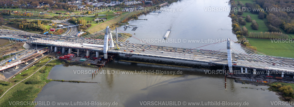 Koeln231100700RheinbrueckeMerkenich-Pano | Luftbild, Baustelle Rheinbrücke Leverkusen der Autobahn A1 über den Fluss Rhein, Rheinaue Langel-Merzenich, Merkenich, Köln, Rheinland, Nordrhein-Westfalen, Deutschland