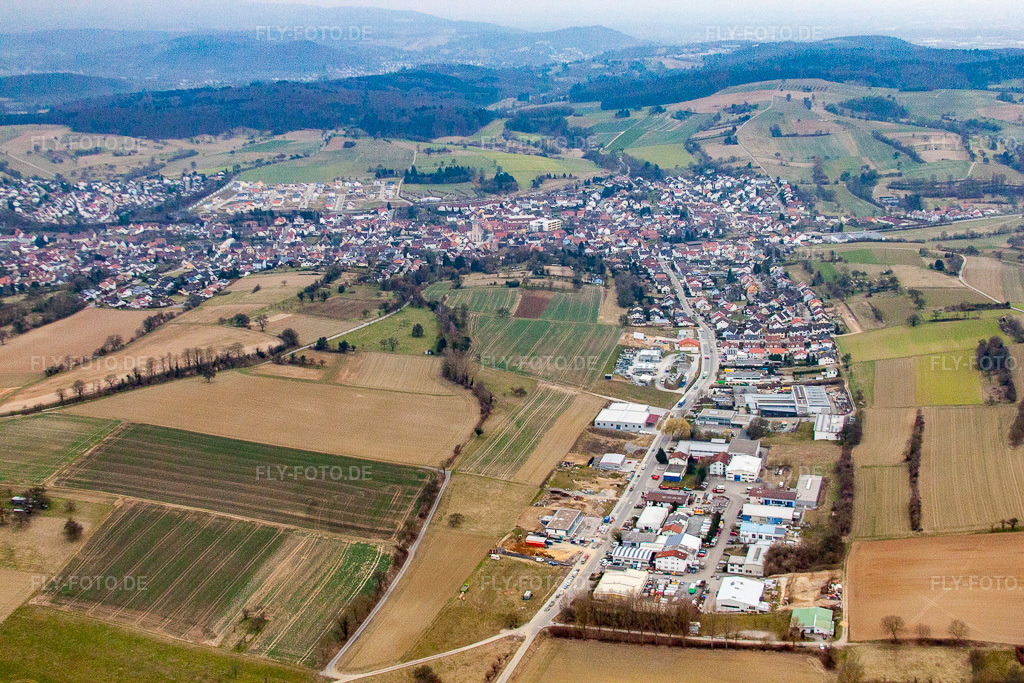 Luftbild: Gewerbegebiet Grombacher Straße im Ortsteil Jöhlingen in Walzbachtal im Bundesland Baden-Württemberg in Deutschland. Foto: IMG_38296.jpg vom 12.03.2011 durch Werner Riehm/FLY-FOTO.de