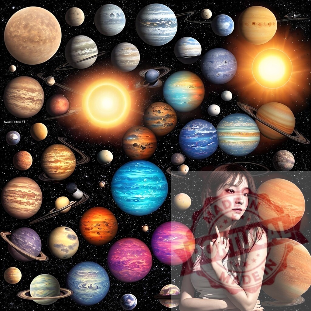 Asian woman exploring universe with colorful planets | Young woman contemplating numerous celestial bodies, stars, and galaxies in outer space - Realisiert mit Pictrs.com