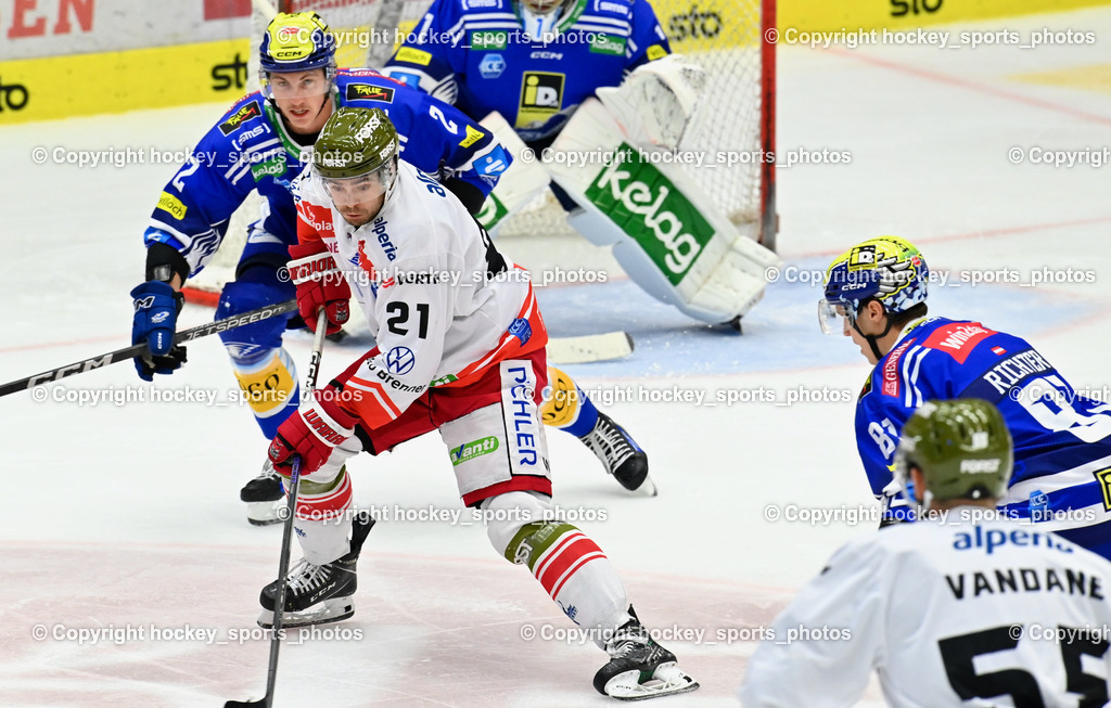 EC IDM Wärmepumpen VSV vs. HC Bozen 19.9.2023 | #21 Ford Connor, #2 MACPHERSON Dylan, #81 RICHTER Marco,  win2day icehockeyleague, EC IDM Wärmepumpen - HC Bozen  am 19.09.2023 in Villach (Stadhalle Villach), Austria, (Photo by Bernd Stefan)