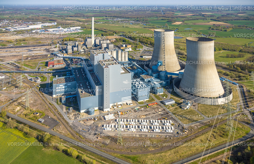 Hamm260400051Uentrop | Luftbild, RWE Kraftwerk Westfalen, Batteriespeicher und Stellplatz, Kernkraftwerk THTR-300 (Thorium-Hoch-Temperatur-Reaktor), Hochtemperaturreaktor heliumgekühlt, Kugelhaufenreaktor, Kernkraftwerk und Atomkraftwerk, Uentrop, Hamm, Ruhrgebiet, Nordrhein-Westfalen, Deutschland