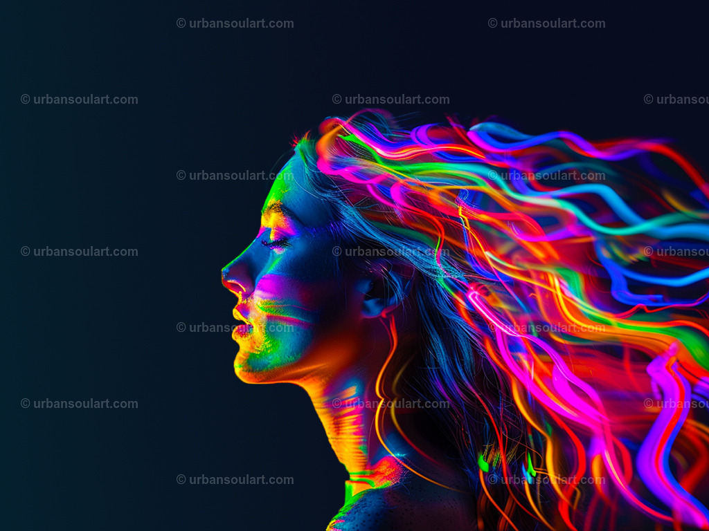 Woman In Neon Light | A dynamic portrait of a woman with vivid neon paint flowing through her hair, creating a mesmerizing effect. Ideal for those who love bold, modern art, this piece adds a pop of color and futuristic style to any decor. - Realisiert mit Pictrs.com