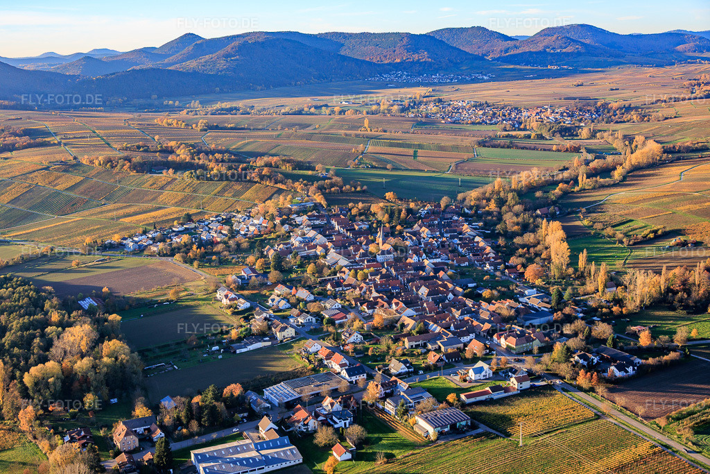 Luftbild: Ortsansicht von Osten im Ortsteil Heuchelheim in Heuchelheim-Klingen im Bundesland Rheinland-Pfalz in Deutschland. Foto: IMG_150900.jpg vom 05.11.2025 durch Werner Riehm/FLY-FOTO.de