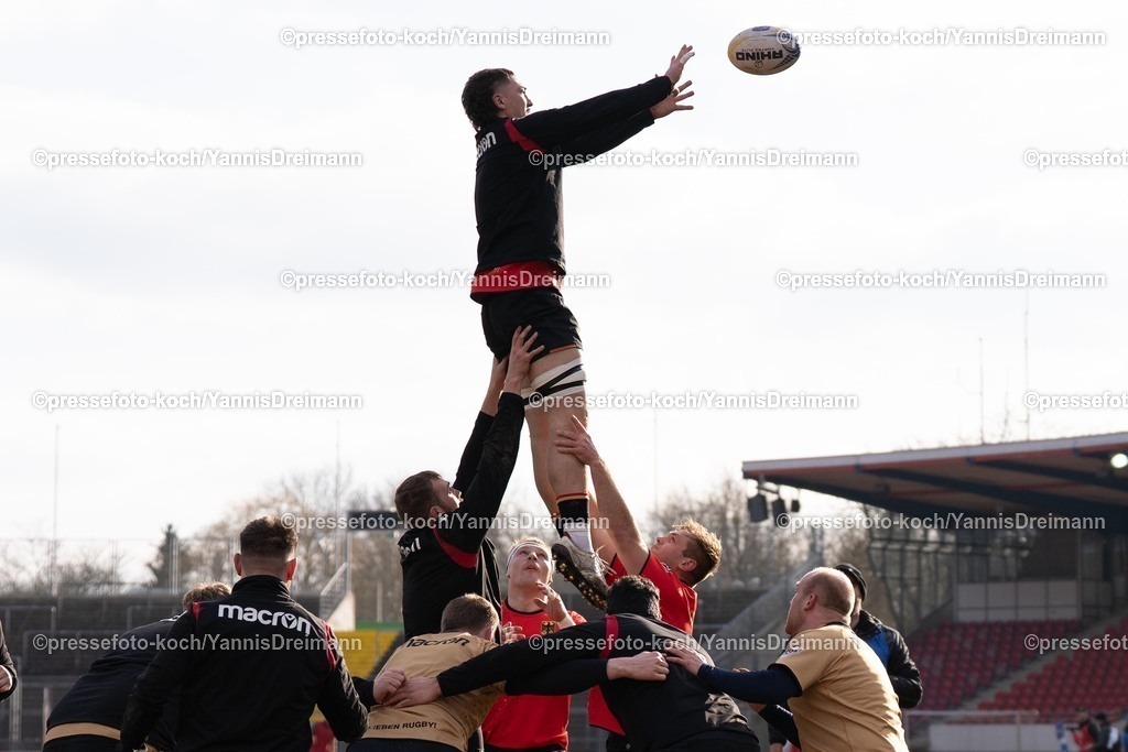 YDR1602250101011 | 16.02.2025, xydrx, Rugby Europe Championship, Deutschland - Belgien, 15er Männer, Auestadion Kassel: Justin Renc (Deutschland #6) fängt den Ball beim Aufwärmen in der Gasse