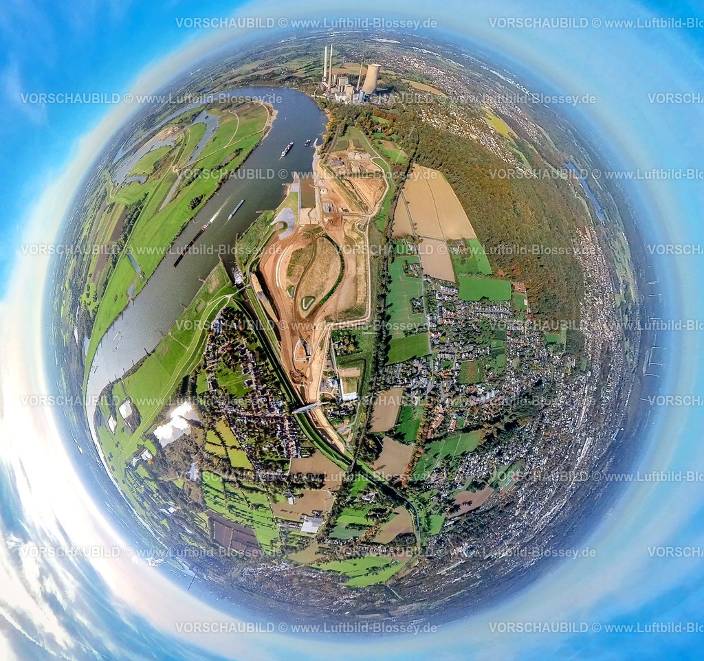 Dinslaken20221006_1Emschermuendung4 | Luftbild, Emschermündung Renaturierung, Fluss Rhein und Fluss Emscher, STEAG Kraftwerk Walsum, Fisheye Aufnahme, Fischaugen Aufnahme, 360 Grad Aufnahme, Eppinghoven, Dinslaken, Fisheyeaufnahme, Ruhrgebiet, Nordrhein-Westfalen, Deutschland