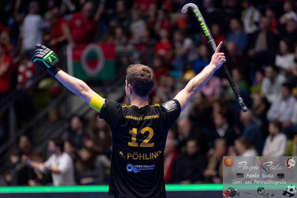 Volvo E.R.B. Final 4 Finale Männer: Harvestehuder THC - Crefelder HTC, 26.01.2025 | Anton Pöhling (Harvestehuder THC #12) bejubelt / feiert ein Tor / einen Treffer, Harvestehuder THC - Crefelder HTC, Frankfurt, Süwag Arena, 26.1.2025 - Realisiert mit Pictrs.com