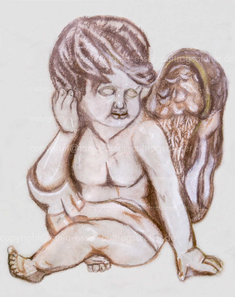 Porzellanengel | Kreidezeichnung abgezeichnet nach einem realen Objekt. Ein pummeliger Engel aus Porzellan sitzt und schaut. Illustration auf grobem Papier. 