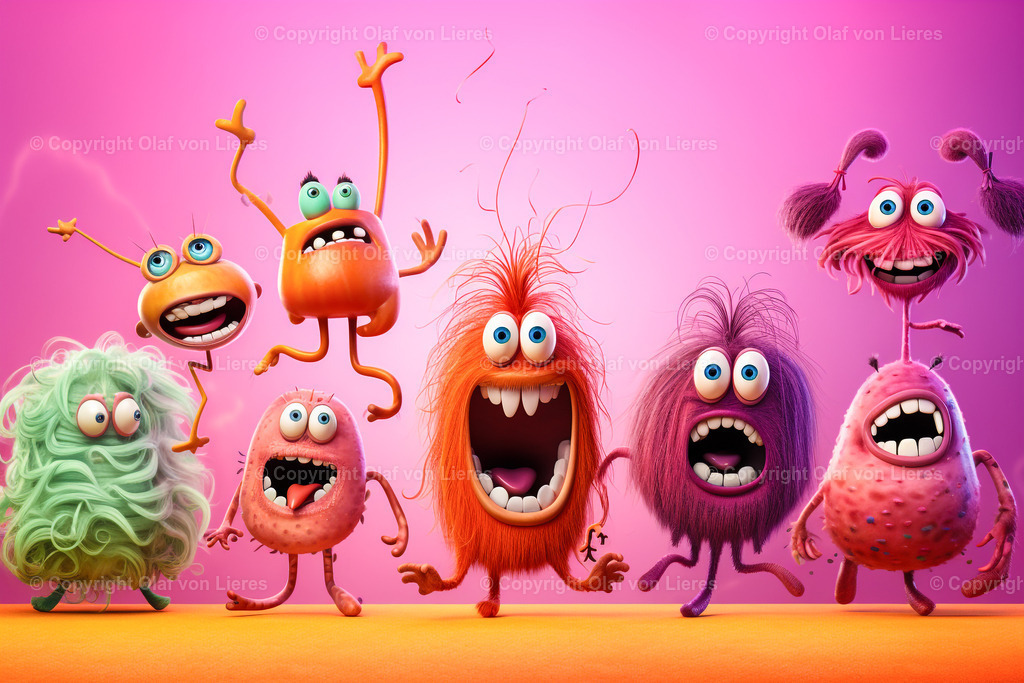 viele lustige Monster | fröhliche Monster vor pinken Hintergrund
