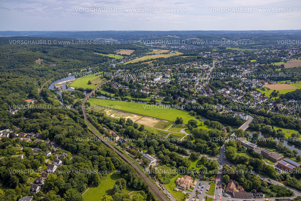 Witten250804894 | Luftbild, Ruhr-Viadukt Witten über den Fluss Ruhr, Waldgebiet Ardeygebirge, Wassergewinnungsgelände Apfelweide, Wasserkraftwerk Hohenstein, Ortsansicht Stadtteil Bommern und Ruhrbrücke, Blick nach Wetter/Ruhr, Witten, Ruhrgebiet, Nordrhein-Westfalen, Deutschland