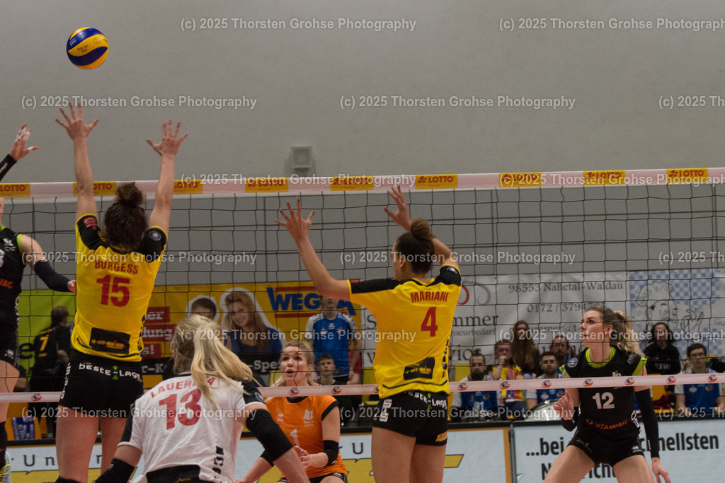 VBL VFB SUHL vs. LADIES IN BLACK AACHEN | Aachen in SCHWARZ gegen Suhl in GELB; VBL VFB SUHL vs. LADIES IN BLACK AACHEN, Volleyball-Bundesliga Frauen am 03.02.2018 in der Multihalle in Meiningen, (Deutschland) - Realisiert mit Pictrs.com
