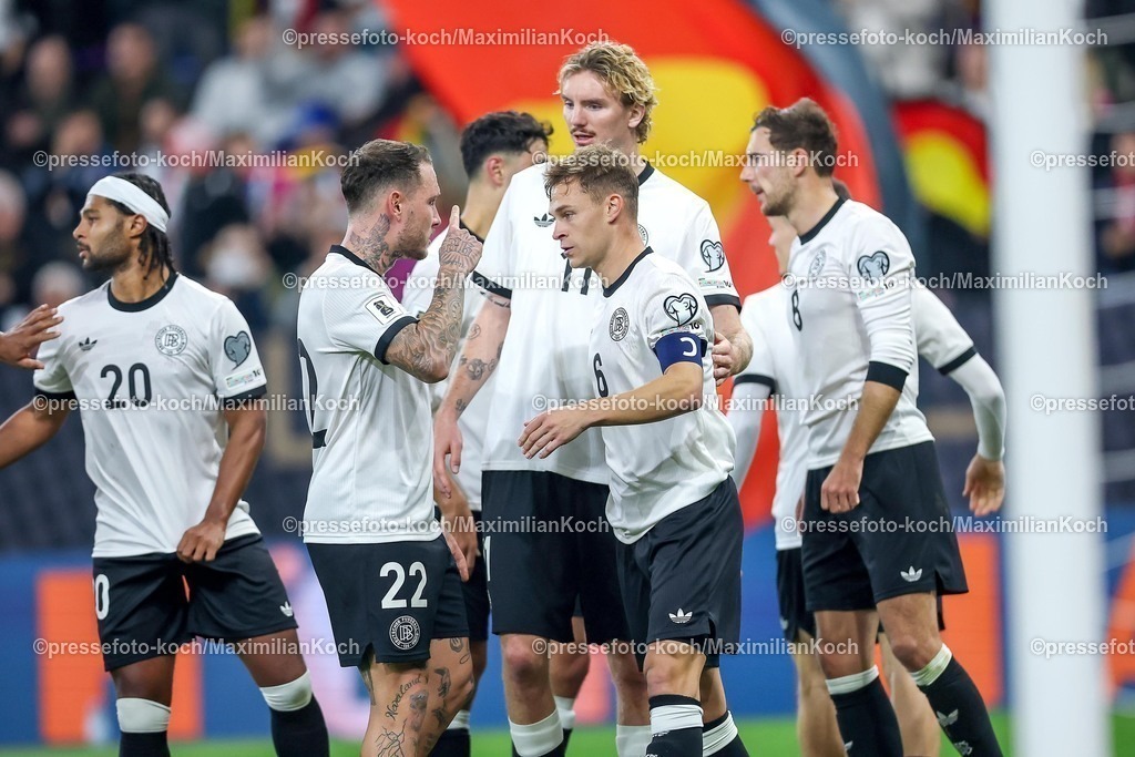 DFB10102501082 | 10.10.2025, Fußball, Länderspiel, Deutschland - Luxemburg, UEFA WM-Qualifikation, 2025/2026, Gruppe A, PreZero Arena in Sinsheim: Torjubel nach dem Tor zum 2:0 durch Torschütze Joshua Kimmich (GER #06)  zusammen mit  Nick Woltemade (GER #11) Leon Goretzka (GER #08) Serge Gnabry (GER #20) DFB regulations prohibit any use of photographs as image sequences and or quasi-video.