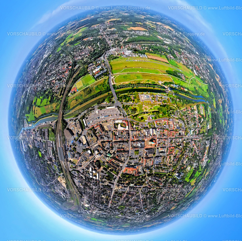 Hamm250808936Mitte_Pauluskirche_Erlebnisraum | Luftbild, City Innenstadt mit evang. Pauluskirche, Lippeaue Erlebensraum, Flugplatz Hamm Lippewiesen EDLH, Kläranlage Hamm Mattenbecke, Datteln-Hamm-Kanal und Fluss Lippe, Erdkugel, Fisheye Aufnahme, Fischaugen Aufnahme, 360 Grad Aufnahme, tiny world, little planet, fisheye Bild, Mitte, Hamm, Ruhrgebiet, Nordrhein-Westfalen, Deutschland