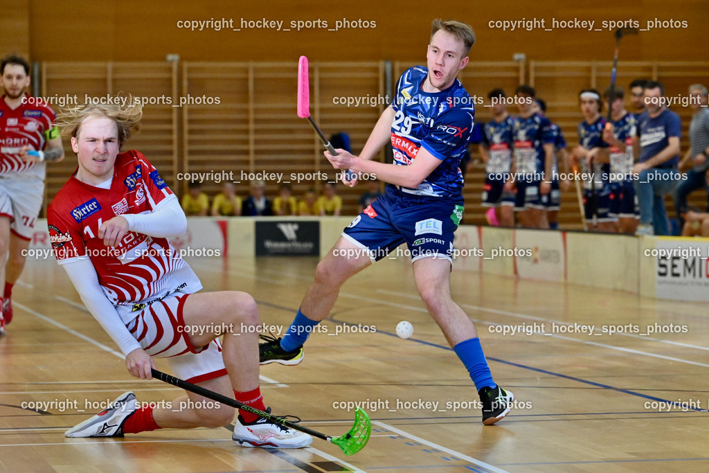 VSV Unihockey vs. KAC Floorball | #14 Pascual Fina KAC Floorball, #29 Anze Brajic VSV Unihockey, VSV Unihockey vs. KAC Floorball, VSV Unihockey vs. KAC Floorball am 12.04.2025 in Villach (Ballspielhalle St. Martin), Austria, (Photo by Bernd Stefan)