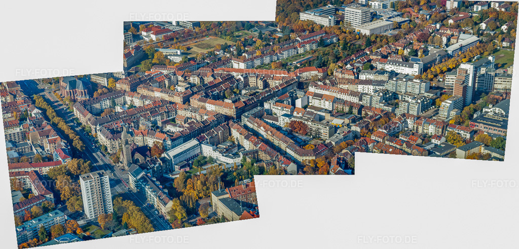 Luftbild: Gerwigstraße x Georg-Friedrich-Straße im Ortsteil Oststadt in Karlsruhe im Bundesland Baden-Württemberg in Deutschland. Foto: IMG_35090-Bearbeitet.jpg vom 31.10.2010 durch Werner Riehm/FLY-FOTO.deAuflösung des Originals: 10825 x 5206 px