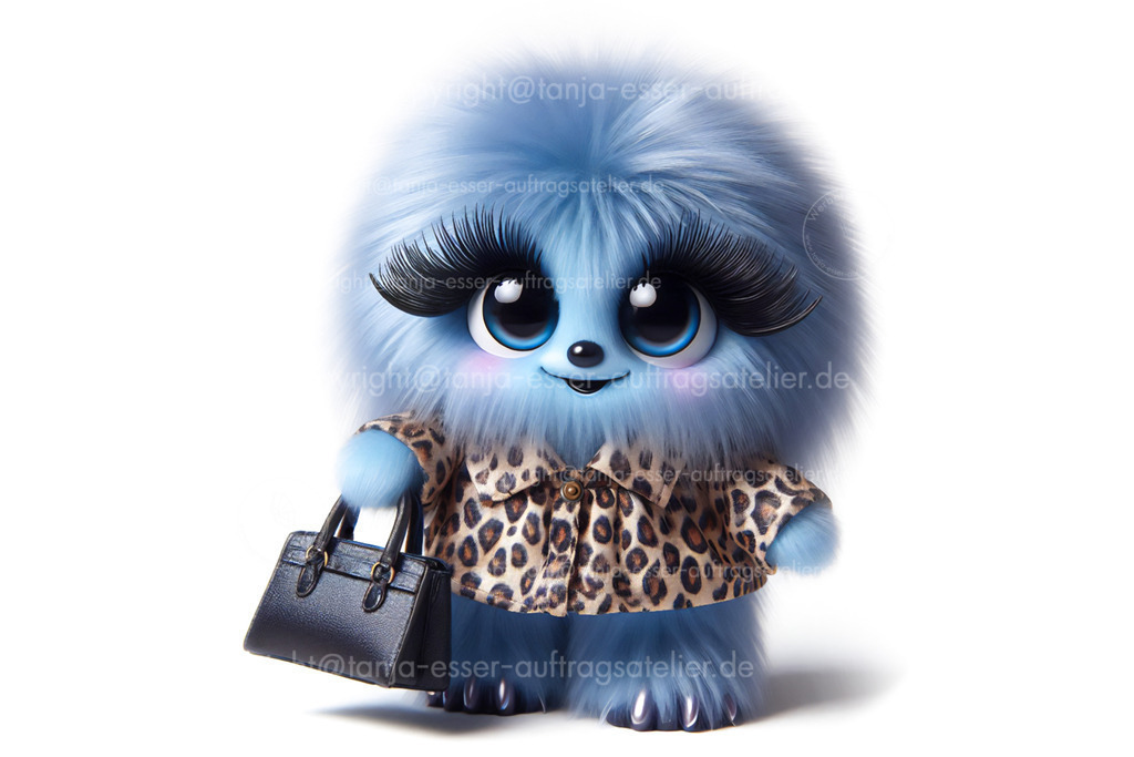 Blaues Monster Leopardengirl E | Cute little fluffy monster with a modern leopard outfit, handbag, and nail polish on its claws. Symbolic image for fashion and beauty. In front of a white background.