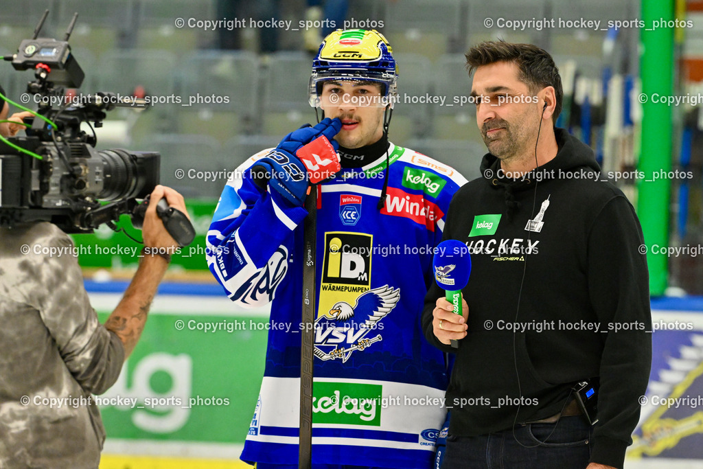 EC IDM WÄRMEPUMPEN VSV vs. Vienna Capitals | #40 Elias Wallenta EC VSV, Gert Prohaska, EC IDM WÄRMEPUMPEN VSV vs. Vienna Capitals, EC IDM WÄRMEPUMPEN VSV vs. Vienna Capitals am 16.11.2025 in Villach (Stadthalle Villach), Austria, (Photo by Bernd Stefan)