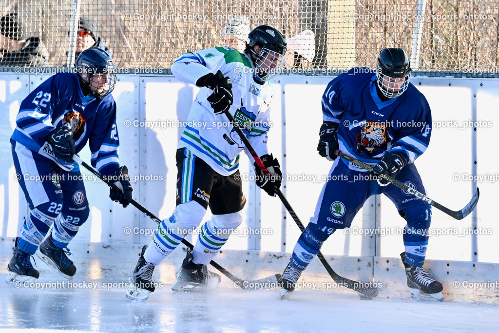 EC Tigers Paternion vs. EC FELD AM SEE/DSG LEDENITZEN | #22 Neuschitzer Nino EC Tigers Paternion, #11 Wuntschek Dominik EC FELD AM SEE Ledenitzen, #14 Tschurnig Daniel EC Tigers Paternion, EC Tigers Paternion vs. EC FELD AM SEE/DSG LEDENITZEN, EC Tigers Paternion vs. EC FELD AM SEE/DSG LEDENITZEN am 04.01.2026 in Paternion (Eislaufplatz Paternion), Austria, (Photo by Bernd Stefan)