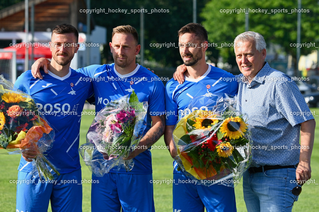 SAK vs. SV Dellach Gail 17.6.2023 | #7 Darjan Aleksic, #22 Darijo Biscan, #17 Patrick Lausegger, Präsident SAK Marko Wieser, Verabschiedung, Ehrung, Karriere Ende