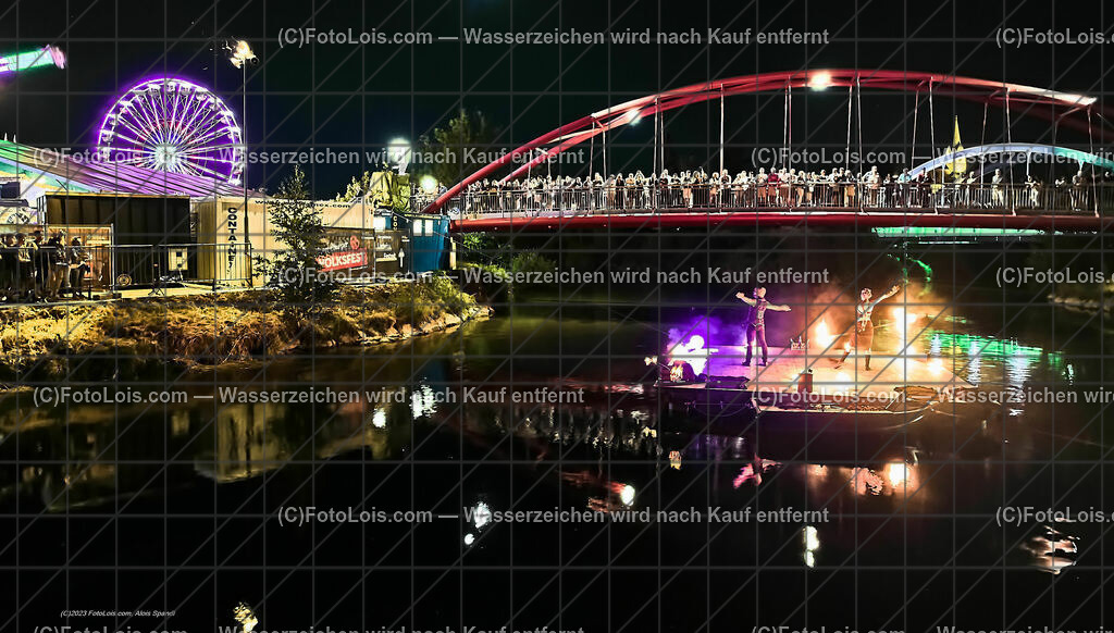 0562_Luftbild_VOLKSFEST-Wlbg_InselFeuer-Show | (C)FotoLois.com, Alois Spandl, Luftbild, Wieselburger VOLKSFEST neu, Feuershow auf der Erlaufinsel unter den Brücken, Do 29. Juni 2023.