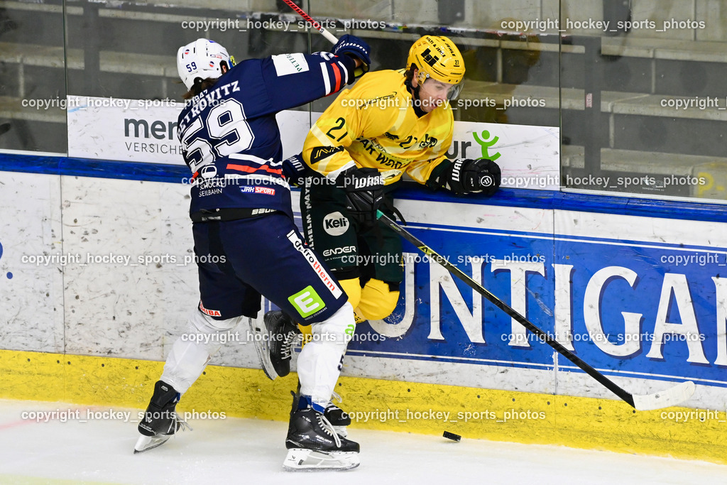 ATSE Graz vs. EHC Lustenau | #27 D’Alvise Christopher EHC Lustenau, #59 Petrovitz Mario ATSE Graz, ATSE Graz vs. EHC Lustenau, ATSE Graz vs. EHC Lustenau am 14.02.2026 in Graz (Merkur Eishalle ), Austria, (Photo by Bernd Stefan)