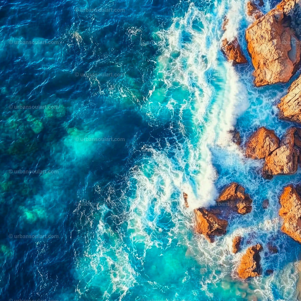 Aerial Red Rock Coast | A captivating bird's-eye view of a rugged red rock coastline, where vibrant azure waters meet the stark contrast of jagged cliffs. Perfect for adding a sense of natural power and beauty to any space, this canvas captures the raw majesty of the ocean against earthy, bold rocks. - Realisiert mit Pictrs.com