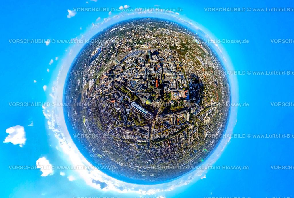 Dortmund241090072City | Luftbild, City Innenstadt mit Hauptbahnhof, Westenhellweg Einkaufsstraße mit Reinoldi Kirche und Thier-Galerie, Schauspielhaus, Erdkugel, Fisheye Aufnahme, Fischaugen Aufnahme, 360 Grad Aufnahme, tiny world, little planet, fisheye Bild, City, Dortmund, Ruhrgebiet, Nordrhein-Westfalen, Deutschland