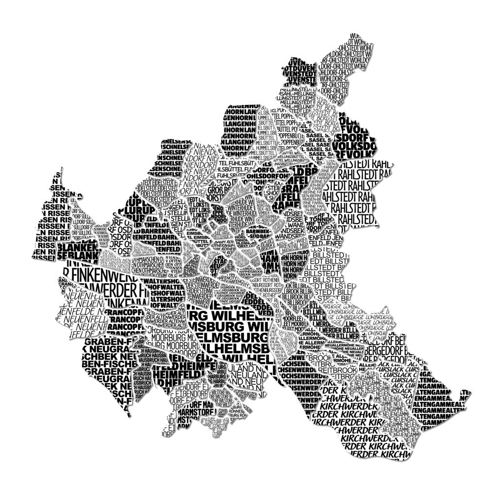 10221003 - Hamburg Stadtplan Typographie | Kunstvoller Hamburg Stadteilkarte im Typographie-Stil. Eine farbenfrohe Variante finden Sie unter der Bild-Nummer 10221002.