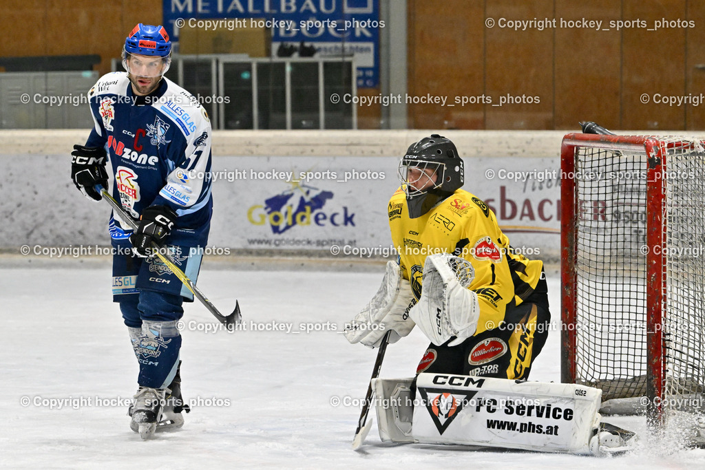 EC Hornets Spittal vs. ESC Steindorf 23.2.2024 | #57 Wilfan Franz ESC Steindorf, #1 Zauchner Rene EC Hornets Spittal, EC Hornets Spittal vs. ESC Steindorf 23.2.2024, EC Hornets Spittal vs. ESC Steindorf 23.2.2024 am 23.02.2024 in Spittal an der Drau (Eissportzentrum Spittal), Austria, (Photo by Bernd Stefan)