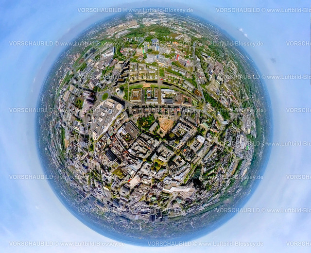 Essen240490063FunkeMedien_Universitaet_ECE-LimbeckerPlatz | Luftbild, Funke Medien Gruppe Medienhaus, Universität Duisburg-Essen, Universitätsviertel Grüne Mitte PIER 78 Wohnquartier, Limbecker Platz Einkaufszentrum, Erdkugel, Fisheye Aufnahme, Fischaugen Aufnahme, 360 Grad Aufnahme, tiny world, little planet, fisheye Bild, Westviertel, Essen, Ruhrgebiet, Nordrhein-Westfalen, Deutschland