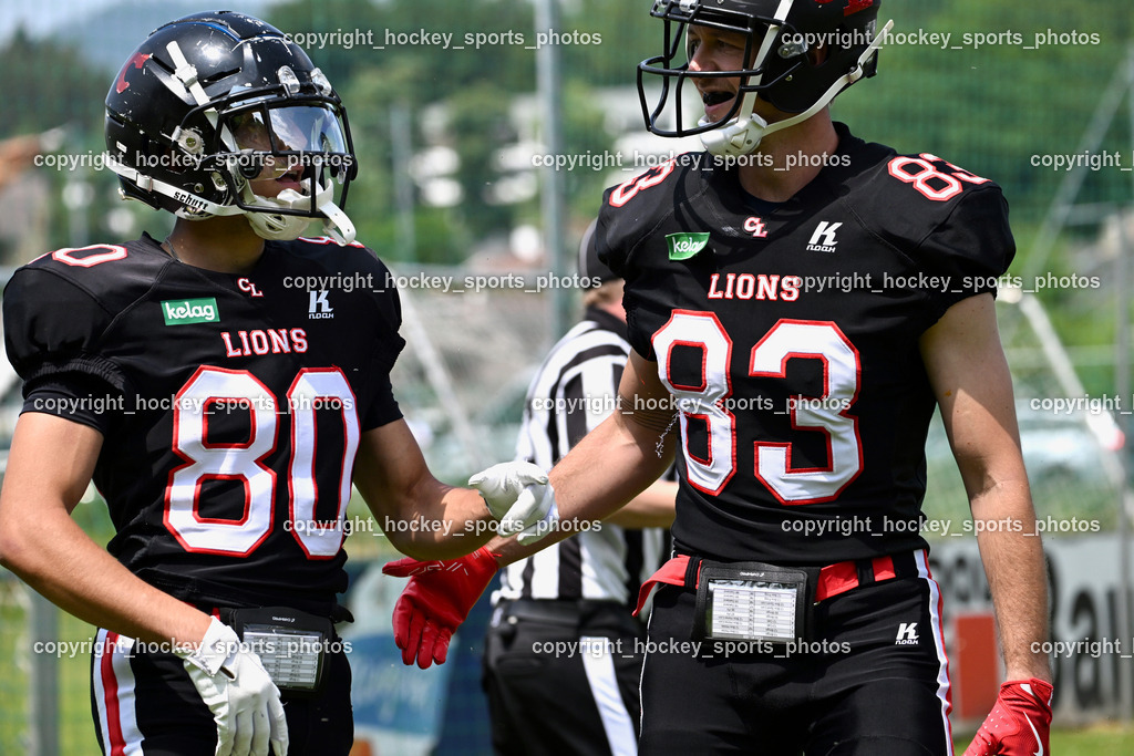 Carinthian Lions vs. Cineplexx Blue Devils | #80 Pacella Alessandro Carinthian Lion, #83 Schimpl Peter Carinthian Lion, Carinthian Lions vs. Cineplexx Blue Devils, Carinthian Lions vs. Cineplexx Blue Devils am 09.06.2025 in Klagenfurt (ASV Sportplatz), Austria, (Photo by Bernd Stefan)