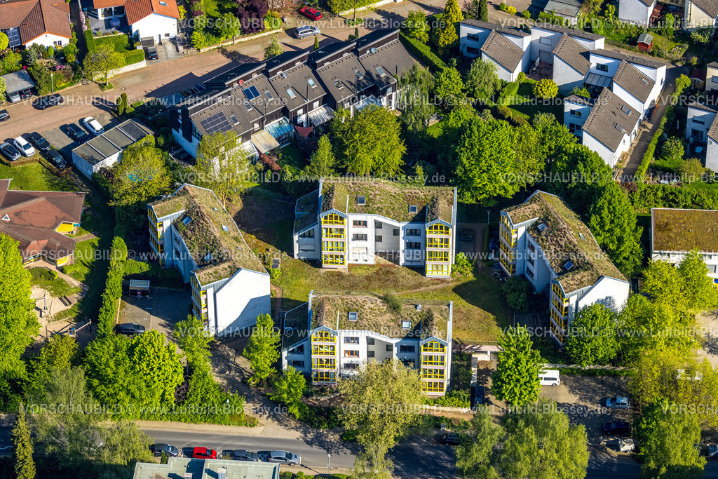 Herdecke240503084 | Luftbild, EnergieHäuser mit Dach-Grünbepflanzung, gelbe Fensterfronten, Westender Weg, Westende, Herdecke, Ruhrgebiet, Nordrhein-Westfalen, Deutschland