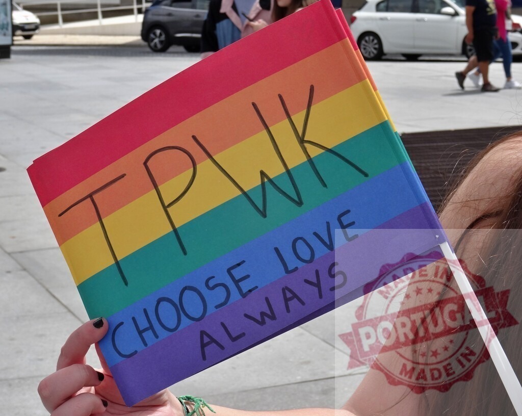 Hand holding vibrant TPWK rainbow flag displaying pride message | Person holding a rainbow flag with TPWK CHOOSE LOVE ALWAYS slogan during an event - Realisiert mit Pictrs.com