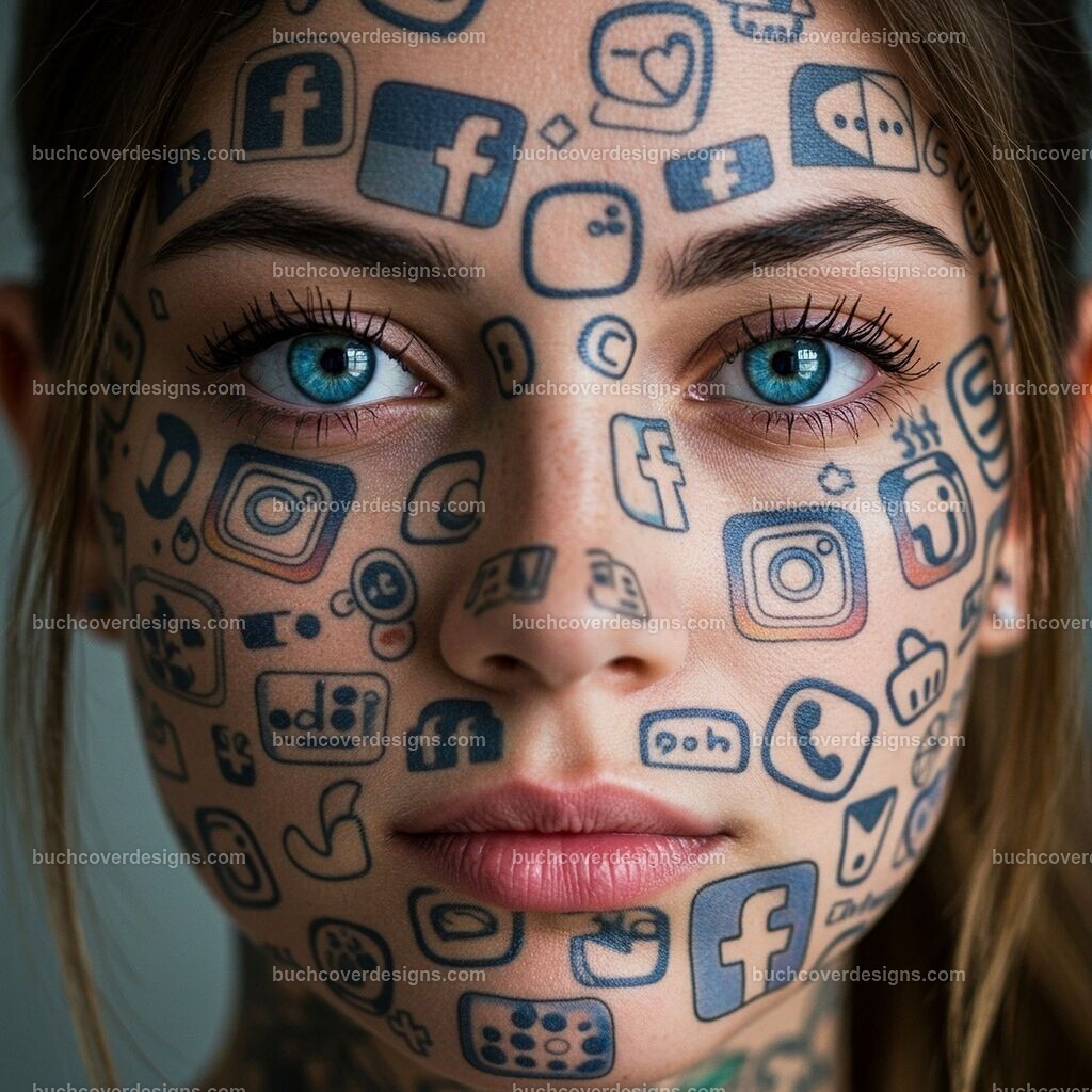 frauen gesicht mit Facebook Social Media Symbole | Entdecken Sie kreative Buch Cover Designs für Self-Publishing-Autoren und Verlage! Unsere maßgeschneiderten Designs ziehen Leser an und bringen Ihre Geschichten visuell zum Leben. Lassen Sie uns Ihr perfektes Cover gestalten!