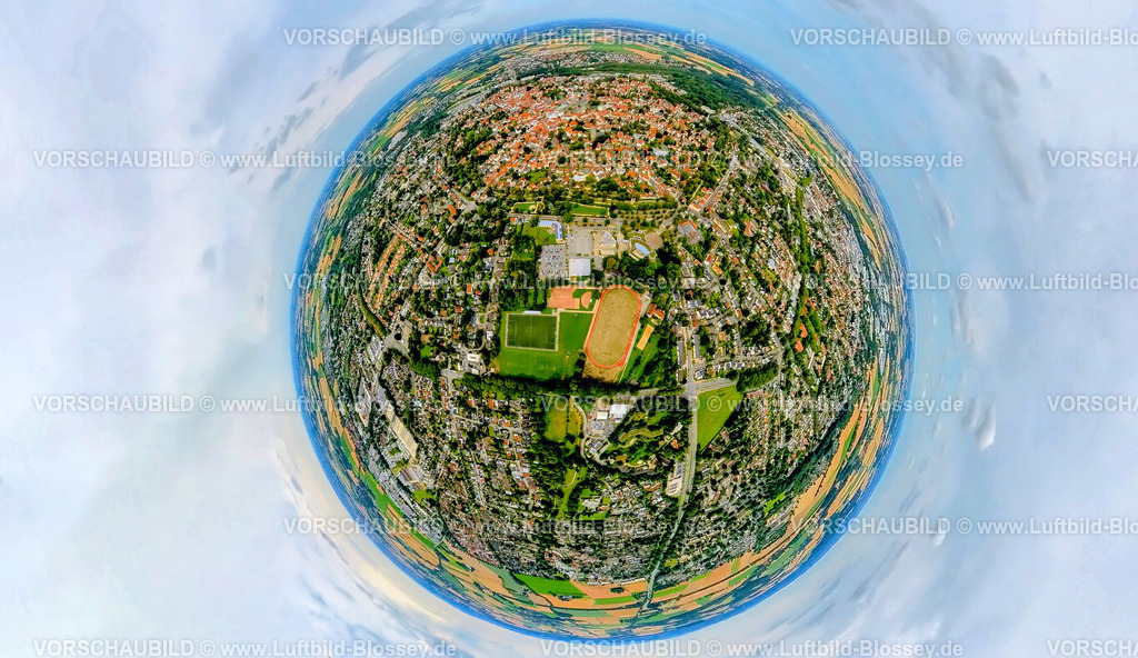 Soest240790060Jahnstadion | Luftbild, Sportzentrum mit Jahnstadion des SVW Soest Fußballverein, Stadthalle und Hotel am Wall, Erdkugel, Fisheye Aufnahme, Fischaugen Aufnahme, 360 Grad Aufnahme, tiny world, little planet, fisheye Bild, Soest, Soester Börde, Nordrhein-Westfalen, Deutschland