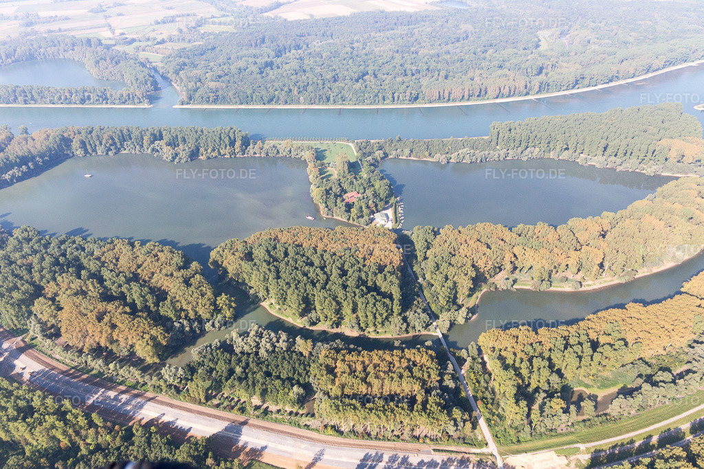 Luftbild: Restaurant Insel Rott am Rhein in Linkenheim-Hochstetten im Bundesland Baden-Württemberg in Deutschland. Foto: IMG_094862.jpg vom 24.09.2016 durch Werner Riehm/FLY-FOTO.de