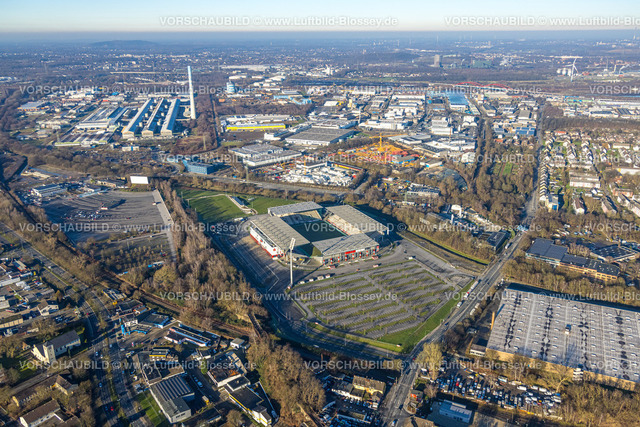 Essen241201728RWE-StadionAnDerHafenstrasse | Luftbild, Fußballstadion an der Hafenstraße des Clubs Rot-Weiss Essen,3. Bundesliga , Essen-Borbeck, Tribünen, ,Essen, Ruhrgebiet, Nordrhein-Westfalen, Deutschland