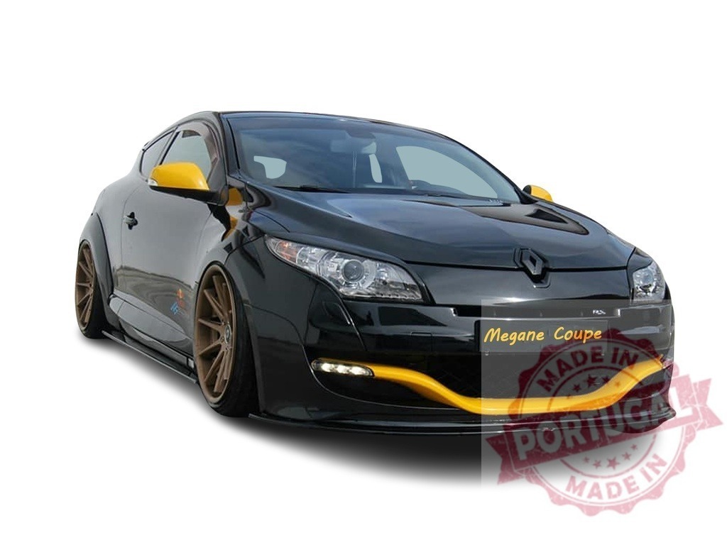 Renault Megane Coupe custom black sports car | Renault Megane Coupe sports car on a white background with yellow trim and custom wheels - Realized with Pictrs.com