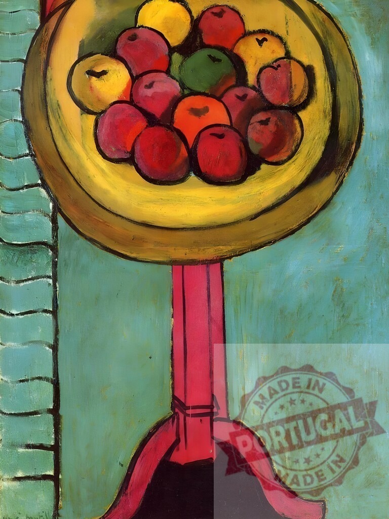 Expressionist still life painting depicting colorful fruit bowl. Henri Matisse | Colorful fruit bowl sits on a red stand, featuring an expressionist painting style - Realized with Pictrs.com