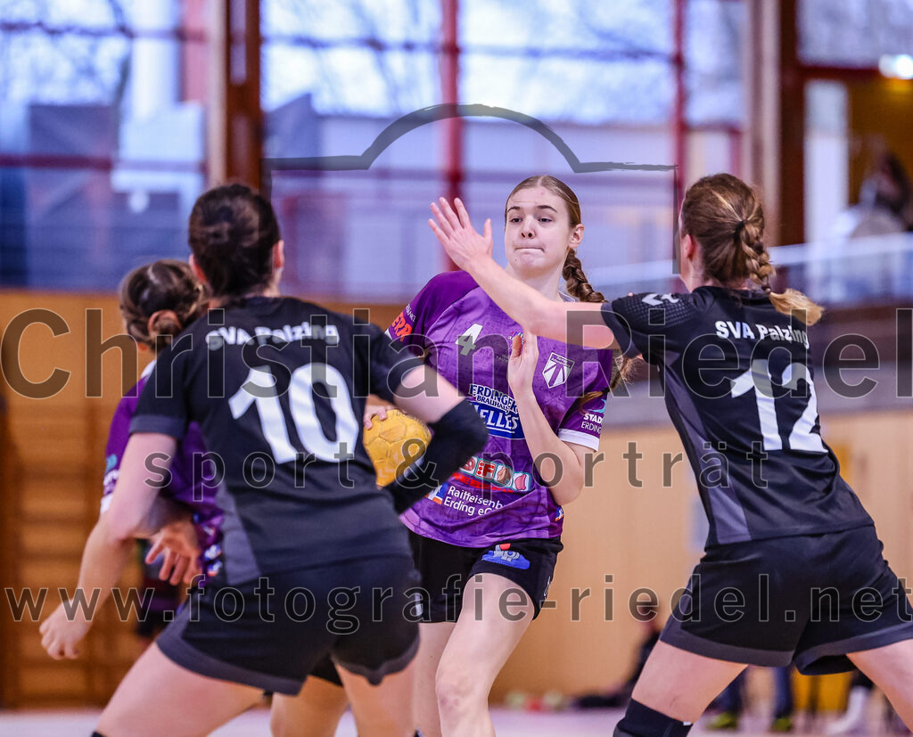 2024-12-14_059_SpVgg_Altenerding_gegen_SVA_Palzing | Erding, Deutschland, 14.12.2024:Handball, Bezirksoberliga Frauen Altbayern 2024 / 2024, 9. Spieltag, SpVgg Altenerding gegen SVA Palzing, Endergebnis: 20:30Veronika Wöhrl (SVA Palzing, #10), Greta Felbinger (SpVgg Altenerding, #4), Sandra Redl (SVA Palzing, #12)Foto: Christian Riedel / fotografie-riedel.net