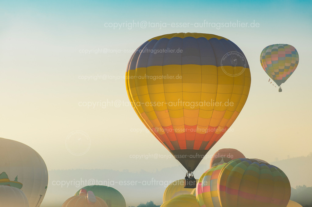 Wunderschöner bunter Heißluftballon im Morgennebel während der WIM | Ein Heißluftballon startet seinen Flug. Es ist früher Morgen, der Nebel liegt über der Natur. Mehrere Ballons stehen zum Start bereit während der Warsteiner Internationalen Montgolfiade. 