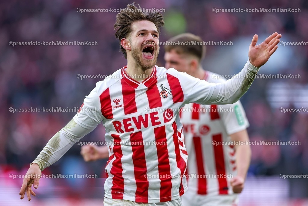 1FC08022601066 | 08.02.2026, Fußball, 1. FC Köln - RB Leipzig, 1. Fußball Bundesliga, 21. Spieltag, RheinEnergie-STADION, Saison 2025 2026: Torjubel nach dem Tor zum 1:1 durch Torschütze Jan Thielmann&nbsp;(1FC Koeln #29)    DFB regulations prohibit any use of photographs as image sequences and or quasi-video.