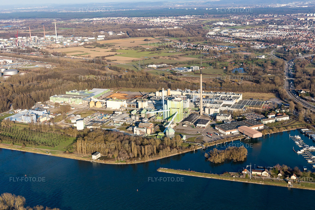 Luftbild: Werksgelände der Papierfabrik Stora Enso am Rhein im Ortsteil Knielingen in Karlsruhe im Bundesland Baden-Württemberg in Deutschland. Foto: IMG_104920.jpg vom 14.03.2018 durch Werner Riehm/FLY-FOTO.de