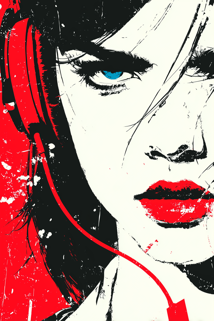 Poster: HER FREQUENCY – The Drift – Lost in sound. Found in herself. | Frau mit Kopfhörern und farbigem Auge in Schwarz-Weiß-Rot – modernes Musikposter aus der Kollektion HER FREQUENCY - Realisiert mit Pictrs.com