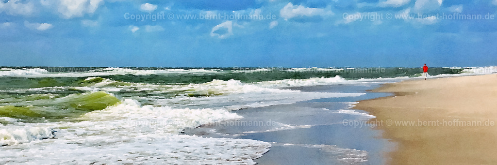 PDM2_Strandgaenger_180x60 | DIGITALKUNST. Strandgänger am Sylter Weststrand. Sommerzeit am Meer mit Nordsee- Wolkenhimmel. __ Formatvariation. Seitenverhältnis = 3 zu 1 - Realisiert mit Pictrs.com