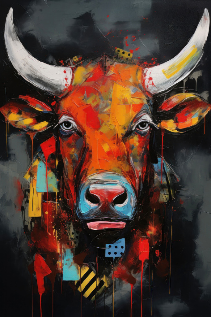 2401035 - Bunter abstrakter Stier | Ein abstrakter Stier im Stil eines modernen Gemäldes, u.a. erhältlich als hochwertiger Kunstdruck auf Leinwand, Acrylglas, Alu-Dibond oder als Poster