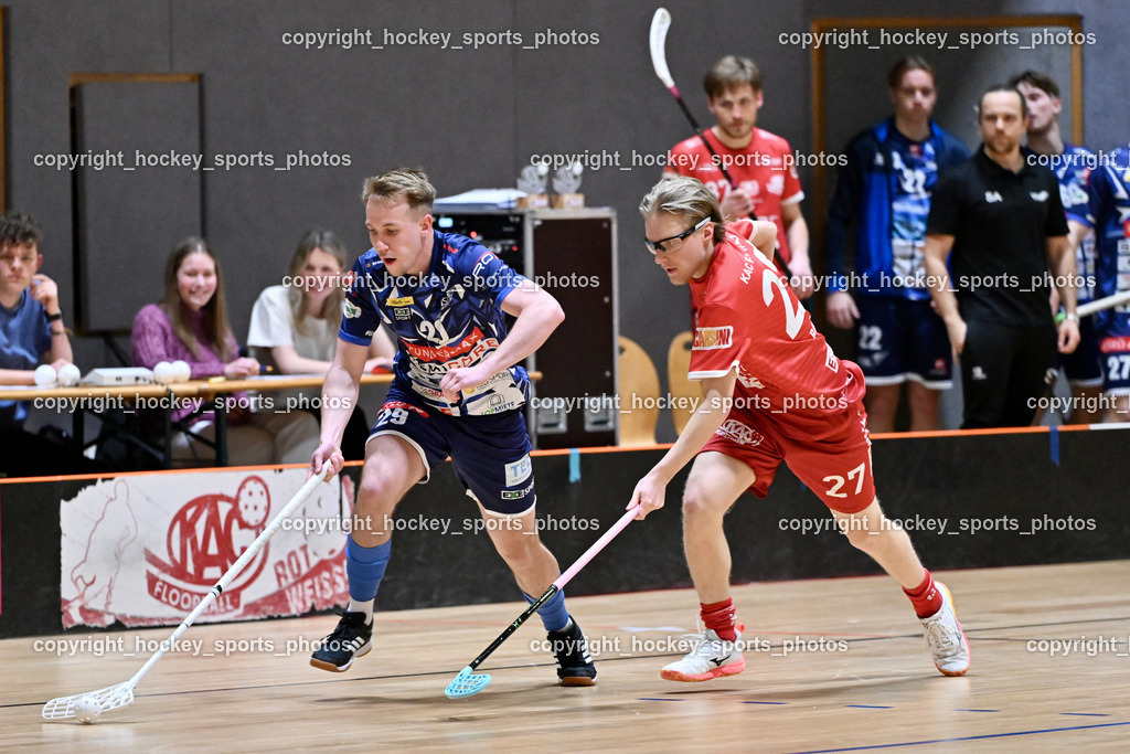 KAC Floorball vs. VSV Unihockey | #29 Anze Brajic VSV Unihockey, #27 Valtteri Pernu KAC Floorball, KAC Floorball vs. VSV Unihockey, KAC Floorball vs. VSV Unihockey am 21.03.2026 in Klagenfurt (Ballspielhalle Waidmannsdorf), Austria, (Photo by Bernd Stefan)