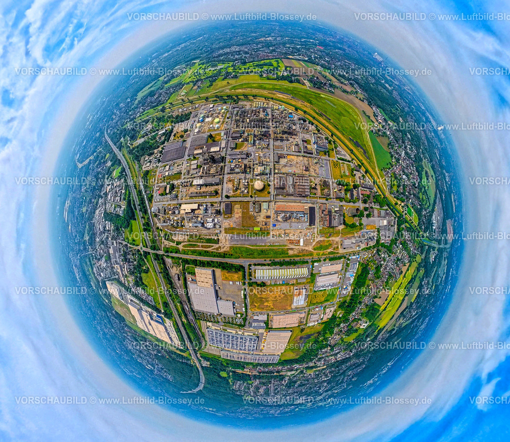 Oberhausen25059033Ruhrchemie_Versalis | Luftbild, Oxea Werk Ruhrchemie, Versalis Deutschland Gmbh, oben Auenfläche Holtener Bruch Überflutungsfläche am Fluss Emscher, Erdkugel, Fisheye Aufnahme, Fischaugen Aufnahme, 360 Grad Aufnahme, tiny world, little planet, fisheye Bild, Holten, Oberhausen, Ruhrgebiet, Nordrhein-Westfalen, Deutschland