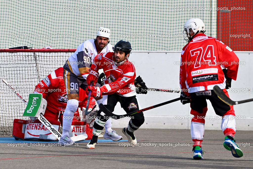 VAS Ballhockey vs. HSC Eagles Poggersdorf | #74 Topelzer Daniel, #47 Witting Marcel, #90 Edlinger Patrick, VAS Ballhockey vs. HSC Eagles Poggersdorf, VAS Ballhockey vs. HSC Eagles Poggersdorf am 14.07.2024 in Villach (Alpen Arena ), Austria, (Photo by Bernd Stefan)