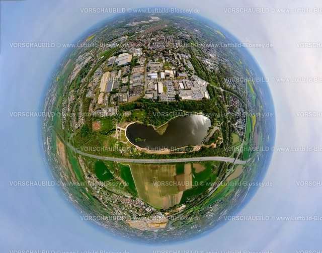 Bochum240490018UemmingerSeeA43 | Luftbild, Ümminger See mit Baustelle der Promenade um den See, Gewerbegebiet Mansfeld, Erdkugel, Fisheye Aufnahme, Fischaugen Aufnahme, 360 Grad Aufnahme, tiny world, little planet, fisheye Bild, Langendreer-Alter Bahnhof, Bochum, Ruhrgebiet, Nordrhein-Westfalen, Deutschland